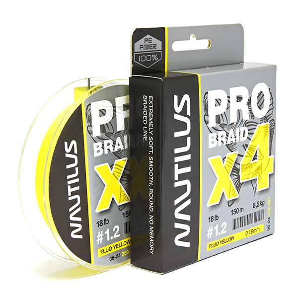 Шнур Nautilus Pro Braid X4 Fluo Yellow d-0.18 9.1кг 20lb 150м - купить по доступной цене Интернет-магазине Наутилус