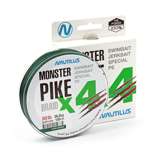 Шнур Nautilus Monster Pike Braid X4 Dark Green d-0.41 36.2кг 80lb 150м - купить по доступной цене Интернет-магазине Наутилус