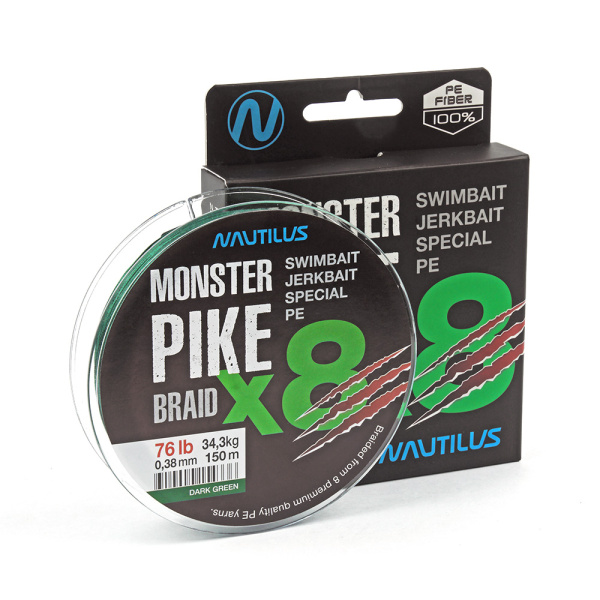 Шнур Nautilus Monster Pike Braid X8 Dark Green d-0.38 34.3кг 76lb 150м - купить по доступной цене Интернет-магазине Наутилус